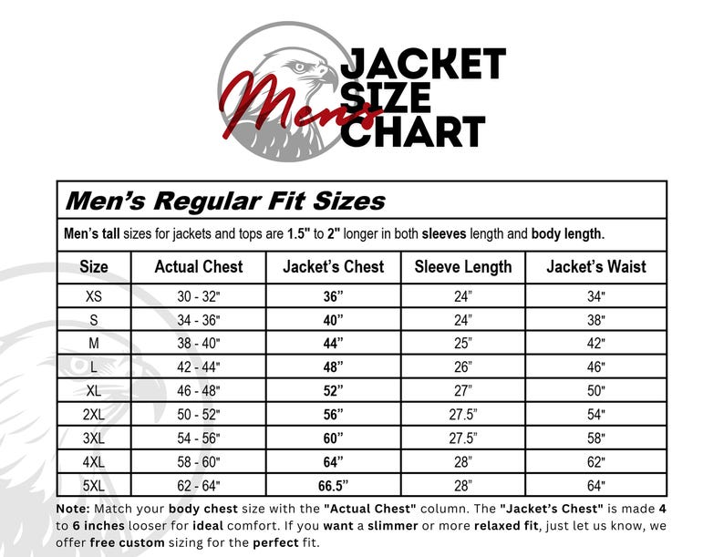 May include: A black and white jacket size chart featuring an eagle graphic and the text Jacket Size Chart. The table lists sizes from XS to 5XL with columns for Actual Chest, Jacket's Chest, Sleeve Length, and Jacket's Waist in inches.