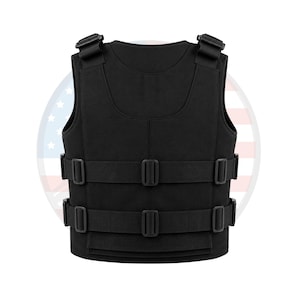 May include: A black tactical vest with adjustable straps and buckles. The vest has a padded design and is made of a durable material. It features multiple straps with secure closures for a custom fit. The vest is designed for protection and utility.