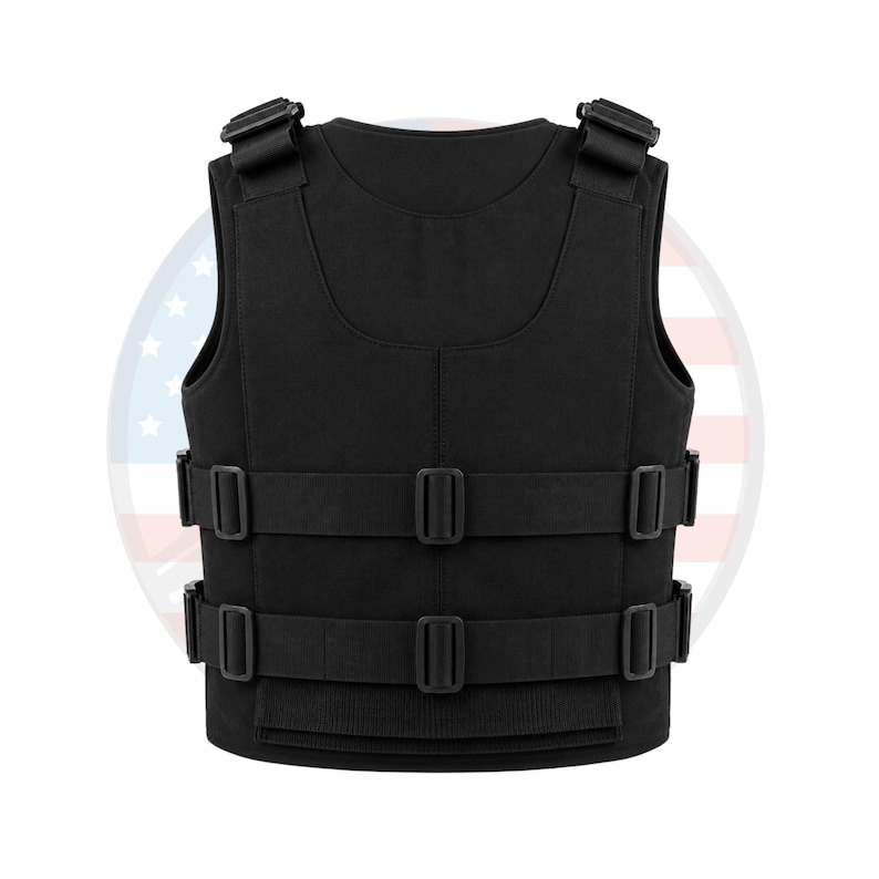 May include: A black tactical vest with adjustable straps and buckles. The vest has a padded design and is made of a durable material. It features multiple straps with secure closures for a custom fit. The vest is designed for protection and utility.