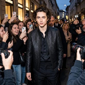 May include: A person wearing a black leather jacket with a woven pattern, black shirt, and black pants. The person is surrounded by a crowd of people holding up phones and cameras, likely taking photos.