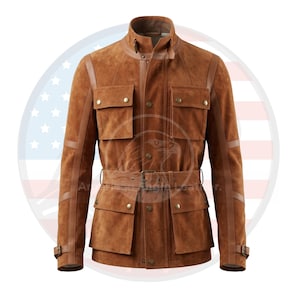 Peut inclure: Veste en daim marron avec une taille ceinturée, plusieurs poches avant et une fermeture boutonnée. La veste présente un col et des empiècements en cuir sur les épaules et les manches. Style classique.