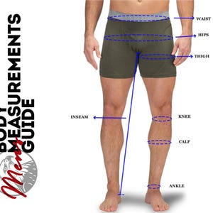 May include: A body measurements guide with a person wearing shorts. The guide labels the waist, hips, thigh, inseam, knee, calf, and ankle. The text "BODY MEASUREMENTS GUIDE" is on the left side of the image.