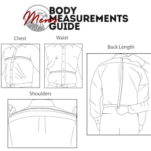 May include: A black and white illustration showing how to measure the chest, waist, back length, and shoulders. The text "BODY MEASUREMENTS GUIDE" is at the top, with the word "Men's" above the illustration.