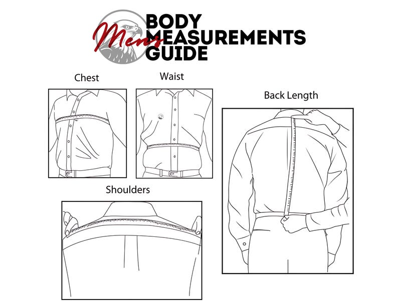 May include: A black and white illustration showing how to measure the chest, waist, back length, and shoulders. The text "BODY MEASUREMENTS GUIDE" is at the top, with the word "Men's" above the illustration.