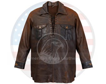 Men’s Brown Distressed Leather Shirt Western Dual Tone Lace Up Vintage Style