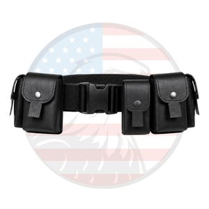 May include: Black utility belt with multiple pouches and a buckle closure. The belt features four rectangular pouches with flap closures and metal snap buttons. The belt is made of a durable material and is designed for carrying items.