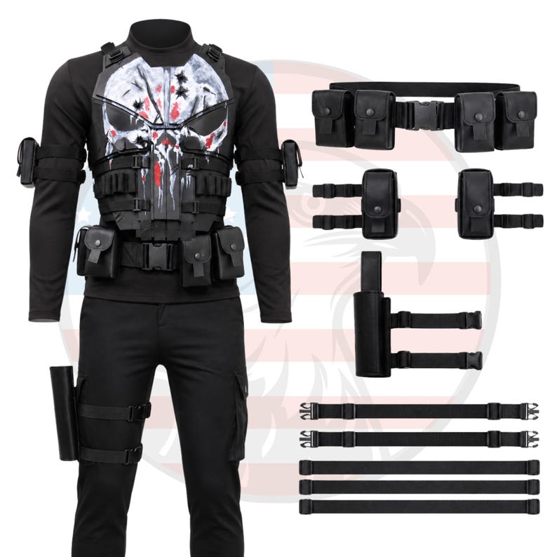 May include: Black tactical vest with a white skull design and red accents. The vest is paired with a black long-sleeve shirt, black pants, and various pouches and straps. A holster and additional straps are also included.
