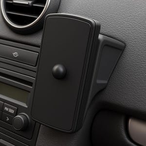 Peut inclure: Un support de téléphone de voiture noir avec un bouton rond sur le côté. Le support est fixé au tableau de bord d'une voiture.