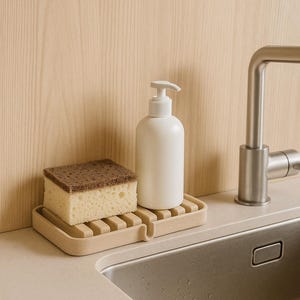 Japandi Sponge Holder | Sink Tray with Drain Spout | Eco Wood Look