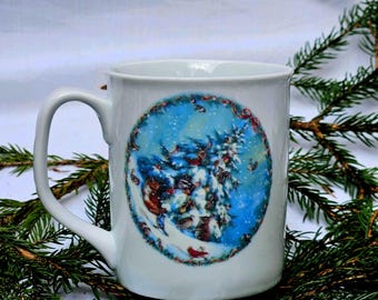 Vintage Winter Waldtiere Tasse - Gemütliche Waldszene mit Fuchs, Vögeln & verschneiter Kiefer
