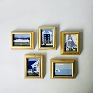 Vintage Porsgrund Porcelain Mini Wall Tiles Set of 5 — Blue & Gold Scandinavian Decor — Framed Norwegian Art - Cottagecore Vibes