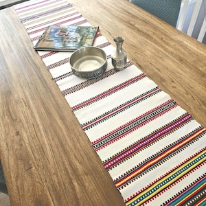 Long Vintage Scandinavian Table Runner: Red, Green & Black Folk Stripes