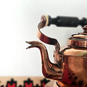 Può includere: Un bollitore di rame con un beccuccio lungo e curvo a forma di testa di uccello. Il bollitore ha un manico nero e un coperchio incernierato.