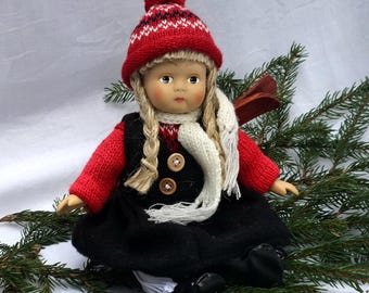 Vintage Norwegian Christmas Girl Doll – Red Sweater, Braids & Winter Hat