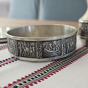 Vintage Norwegian Pewter Bowl with Viking-Inspired Relief Scenes - Rustic Style Table Centerpiece -