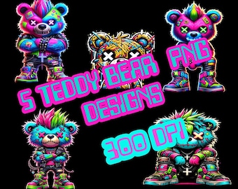5 Teddy bear png designs, teddy bear street wear designs, sublimation designs, neon teddy bear png + free designs