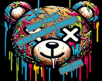 Teddy bear head sublimation design, vibrant, color drip, png + free designs
