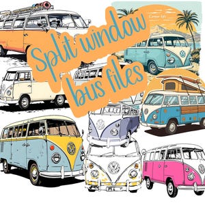 Op de afbeelding: Een verzameling kleurrijke vintage Volkswagen-bussen in diverse ontwerpen, waaronder oranje, blauw, wit en roze. De afbeelding bevat de tekst "Split window bus files". De achtergrond toont een strandscène met palmbomen en de tekst "Camper life".