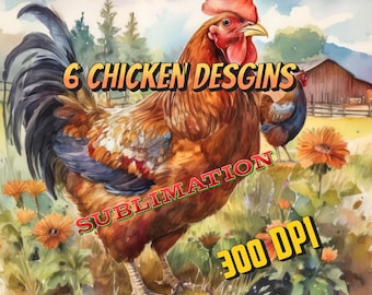 6 Chicken sublimation designs, farm, animal, png, watercolor, sublimation projects, barn