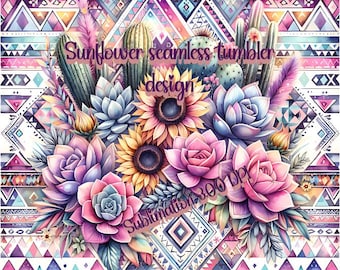 Sunflower and cactus tumbler seamless sublimation design, 20oz skinny tumbler design, instant download + free designs, floral png