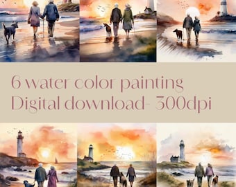 old couple watercolor digital art, PNG, beach art