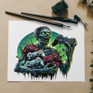 Zombie game controller, zombie gamer, tumbler design, sublimation design, png, instant download, funny zombie png + free designs
