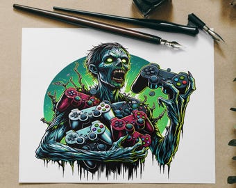 Zombie game controller, zombie gamer, tumbler design, sublimation design, png, instant download, funny zombie png + free designs