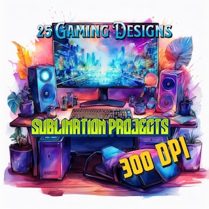 Puede incluir: Una ilustración digital de una configuración de juego con un monitor de computadora, altavoces, teclado y un auricular de realidad virtual. La imagen está en un estilo acuarela vibrante con un esquema de color rosa, azul y amarillo. El texto "25 GAMING DESIGNS" y "SUBLIMATION PROJECTS 300 DPI" está incluido en la imagen.