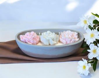 Handmade Soy Wax Candle: Lavender Chamomile Scent, Cement Vessel, Wooden Wick