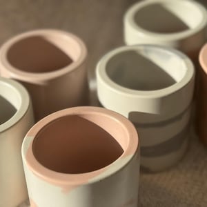 May include: Six small, cylindrical planters in various shades of pink and grey. The planters are made of ceramic and have a smooth, matte finish.