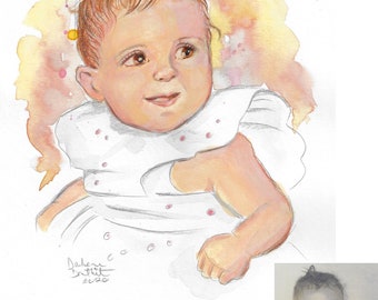 Mother's Day Sale Price Custom Watercolor Baby Childs Portrait  Hand Drawn and Painted