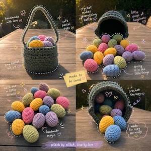 Op de afbeelding: Een donkergroene gehaakte mand gevuld met kleine, zachte, pastelkleurige gehaakte eieren in roze, geel, blauw en paars. De afbeelding bevat teksten zoals handmade with love, soft pastel eggs, tiny basket big joy en made to be loved.