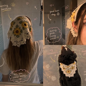 Op de afbeelding: Een witte gehaakte hoofddoek met een zonnebloempatroon met gele bloemblaadjes en bruine harten, afgewerkt met een geschulpte kanten rand. Het accessoire wordt gedragen op het hoofd en als bijpassende bandana bij een hond, met decoratieve teksten.