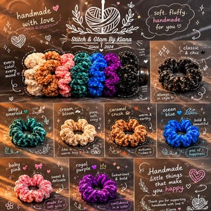 May include: A collection of velvet scrunchies in various colors including cream, caramel, pink, emerald, blue, purple, and black. The image features text labels such as Stitch & Glam By Kiana, deep emerald, cream bloom, caramel crush, ocean blue, baby pink, and royal purple.