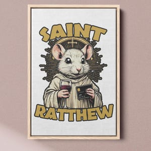 Saint Ratthew Framed Canvas Art - Whimsical Animal Wall Art, Unique Rat Illustration, Perfect Home Décor