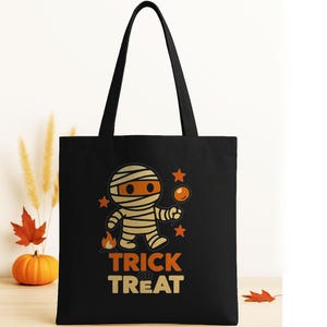 Spooky Mummy Trick or Treat Tote Bag, Halloween Gothic Gift, Cute Horror Theme Bag