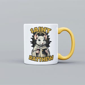 Taza divertida de San Ratthew para amantes de las ratas - Taza de café con asa amarilla única - Regalo perfecto para amantes de los libros