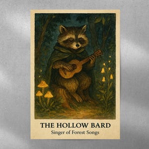 Zauberhaftes Waschbär-Barde-Poster - Fantasy Forest Art, Musikliebhaber-Wanddekor