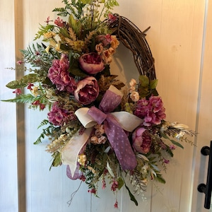 Elegant Fall Grapevine Wreath with Mauve Peonies and Cream Florals – Farmhouse Door Wreath for Everyday or Mother’s Day Gift