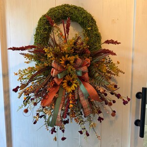 Rustic Fall Wreath with Sunflowers and Plaid Bow | Farmhouse Autumn Door Decor | Moss Grapevine Thanksgiving Wreath