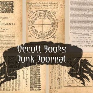 May include: A collage of vintage book pages featuring occult symbols and text. The pages are aged and have a distressed appearance. The text includes the words "Heptameron", "Magical Elements", "Peter de Abano", "Occult Books", and "Junk Journal".