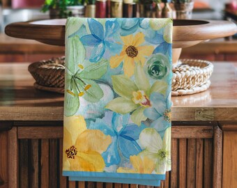 Watercolor Floral Tea Towel Artistic Flower Collage Kitchen Towel Colorful Flower Dish Towel Cotton or Poly Blue Green Kitchen Decor Gift