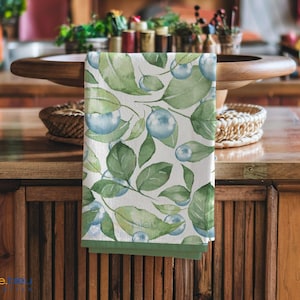 Watercolor Blueberry Botanical Tea Towel, Kitchen Decor, Hostess Housewarming Gift, Dish Towel, Berry Linen, Cotton or Poly, Berry Leaves