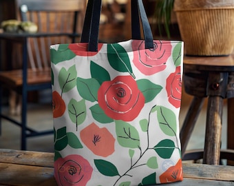 Rose Floral Tote, Book Lover's Tote, June Birth Month Flower Bag, Library Tote, Gift for Bookworms, Readers, Librarians, Teachers, Book Club