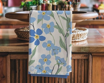 Modern Blue Forget-Me-Not Floral Tea Towel, Spring Flower Kitchen Decor, Gift for Mom, Friend, Hostess, Housewarming, Botanical Dish Towel