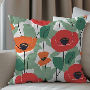 Bold Poppy Floral Cushion Cover, Botanical Decor, Canvas Throw Pillow Case, Best Friend Gift, Red and Orange Poppies, Modern Home Decor