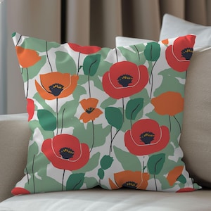 Modern Poppy Floral Cushion Cover, Botanical Accent Decor, Canvas Throw Pillow Case, Friend Gift, Red Orange Poppies, Home Decor, 5 sizes