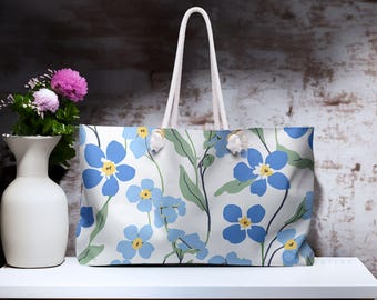 Blue Floral Weekender Bag, Travel Tote, Gift for Women, Summer Vacation Beach Tote, Forget Me Not Weekend Getaway Large Floral Oversized Bag