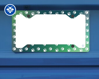 Cute Paw Print License Plate Holder for Pet Owners, Green Gradient Cat Dog Kitten Puppy Pet Paw Print Frame, Aesthetic Car Decor, Auto Gift