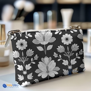 Floral Zipper Pouch, Accessory Pouch, Makeup Cosmetic Bag, Black & White Toiletries Organizer, Best Friend Flower Gift, Small Travel Bag